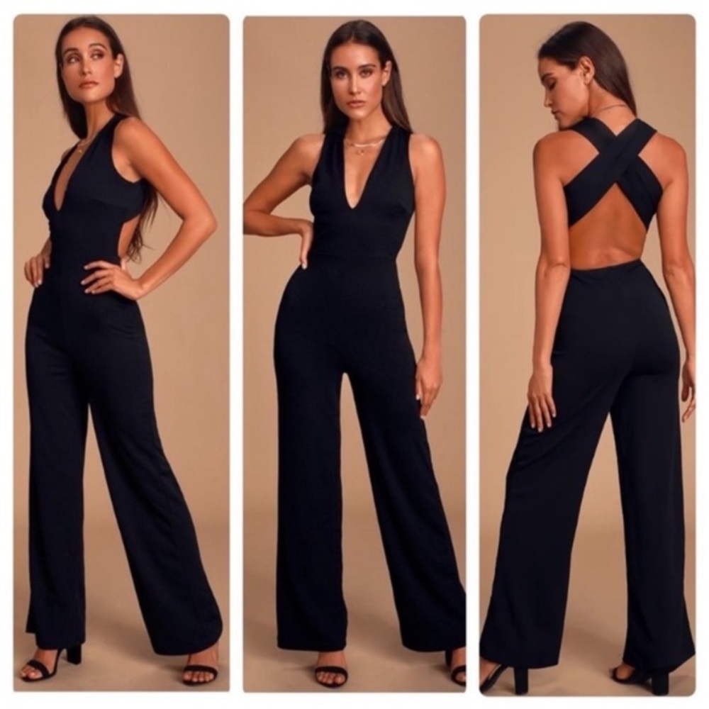 Lulus Thinking out loud Black Backless wide leg jumpsuit